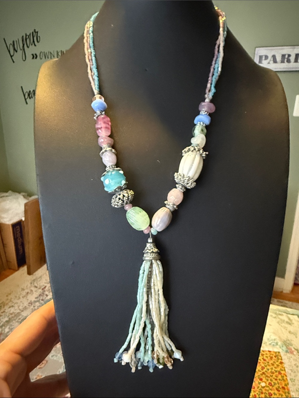 Pastel Beaded Tassel Necklace